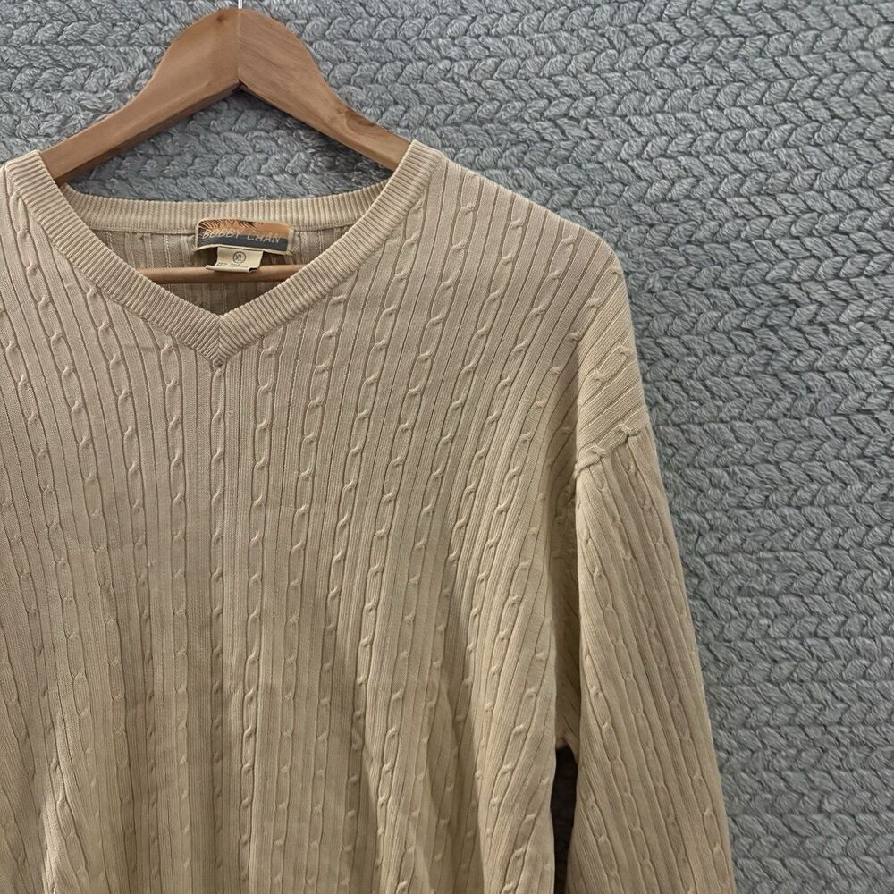Bobby Chan XL V-Neck Sweater Silk Cotton Blend Beige Cable Knit Quiet Luxury